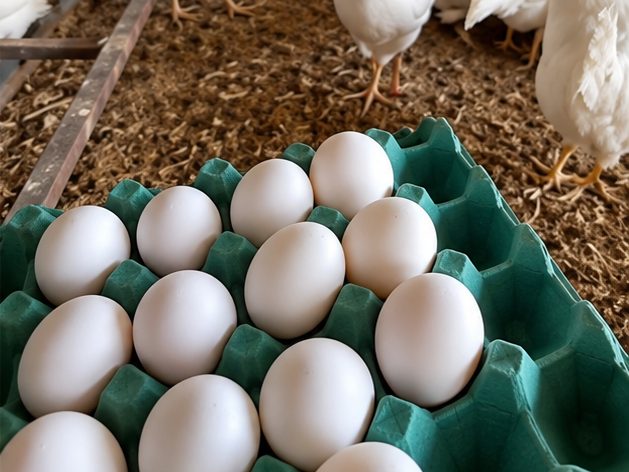 Bandejas de huevos frescos recién recolectados en la galera